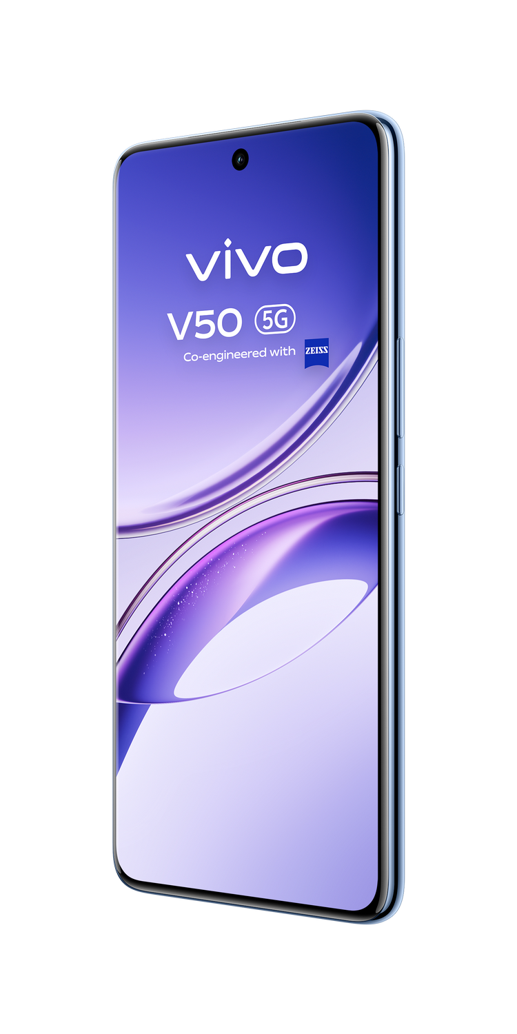 Teléfono azul Vivo V50 5G con marca Zeiss, vista en ángulo sobre fondo negro.