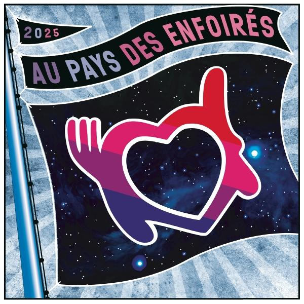 Conception de drapeau avec une forme de cœur et de main. Étoiles, ciel bleu et texte en haut.