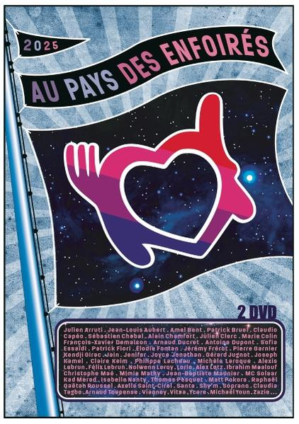 Poster for 'Au Pays des Enfoirés', with a flag design, text, and a list of names.