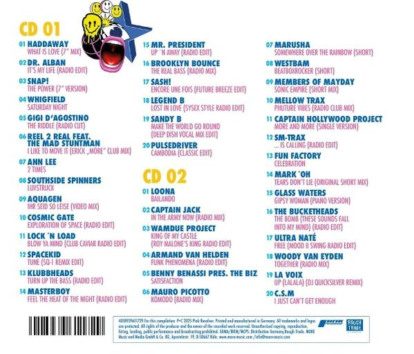 Ein gedrucktes Albumcover mit Titellisten von zwei CDs. Enthält Smiley-Gesichter und eine Stern-Grafik.