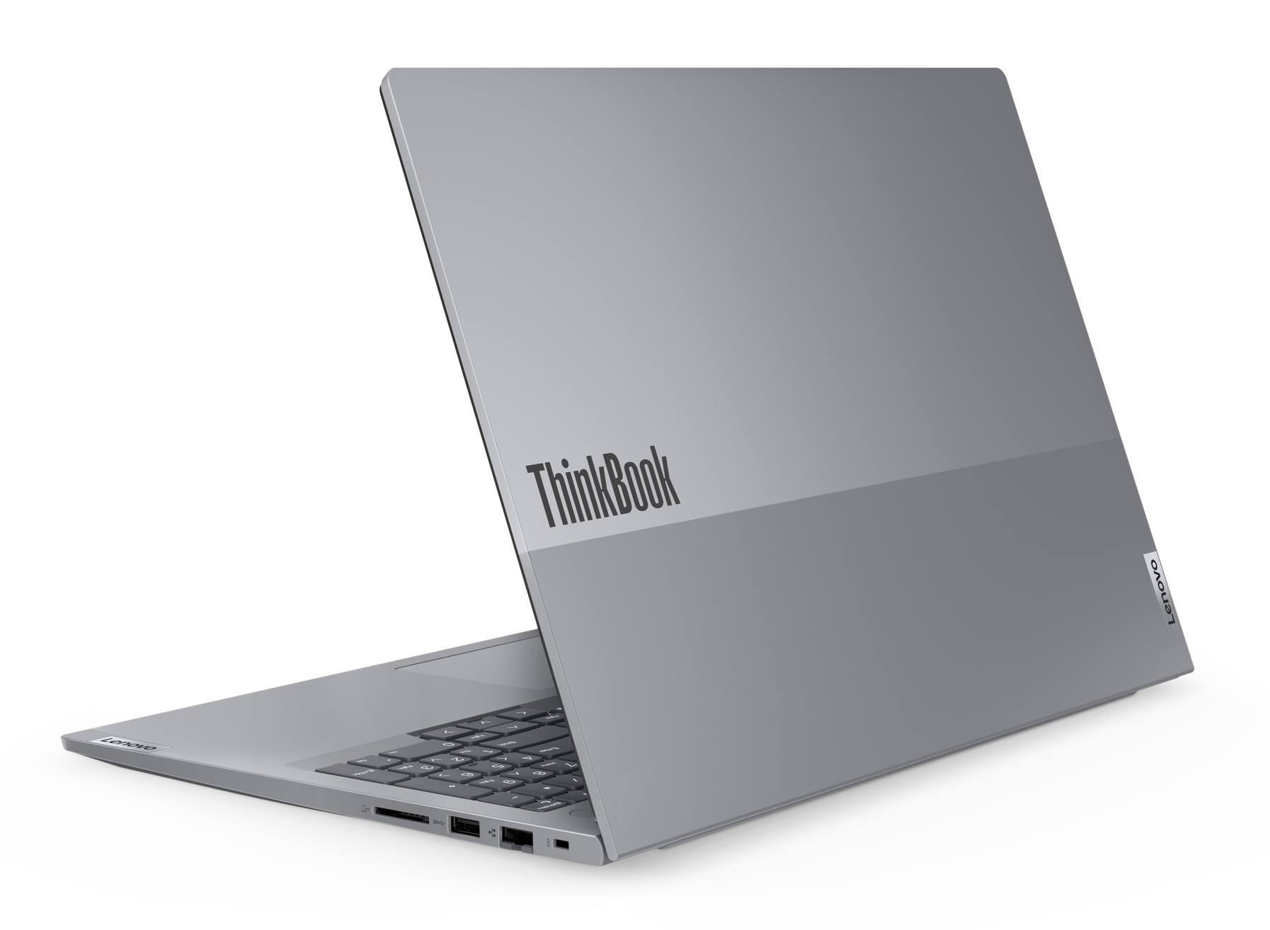 Otwarty srebrny laptop Lenovo ThinkBook, pokazujący klawiaturę i ekran.