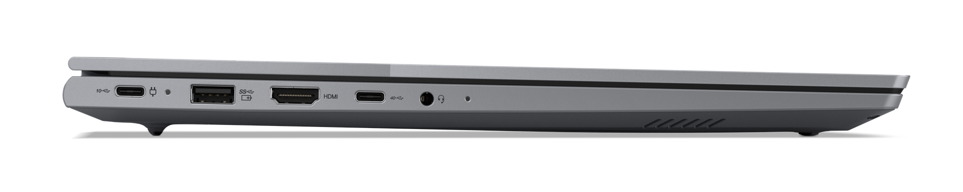 Widok z boku szarego laptopa z portami. Zawiera USB-C, USB-A, HDMI, audio i szczeliny wentylacyjne.