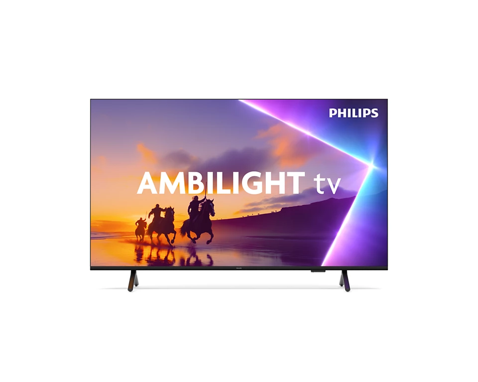 Philips Ambilight TV. Sonnenuntergangsszene mit drei Reitern auf Pferden. Lila und orangefarbenes Licht auf dem Bildschirm.
