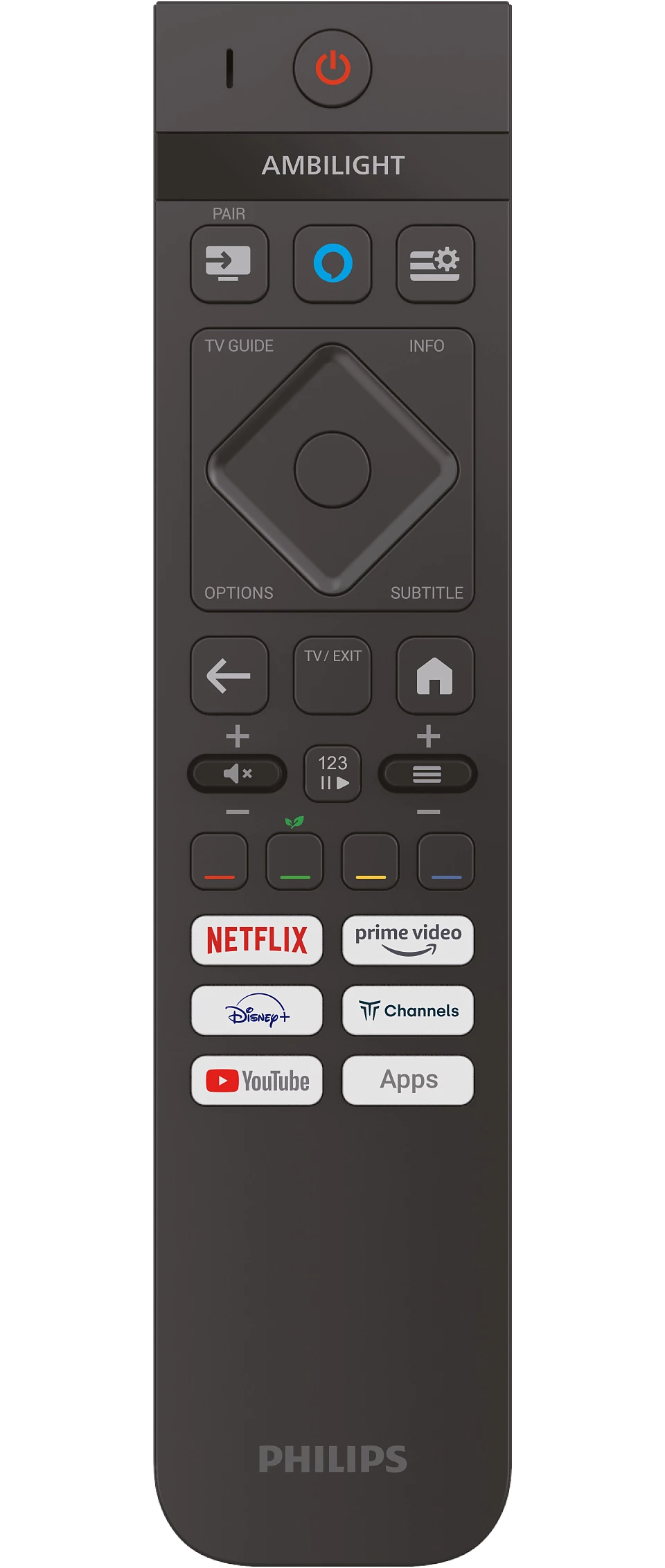 Eine schwarze Philips TV-Fernbedienung mit verschiedenen Tasten.