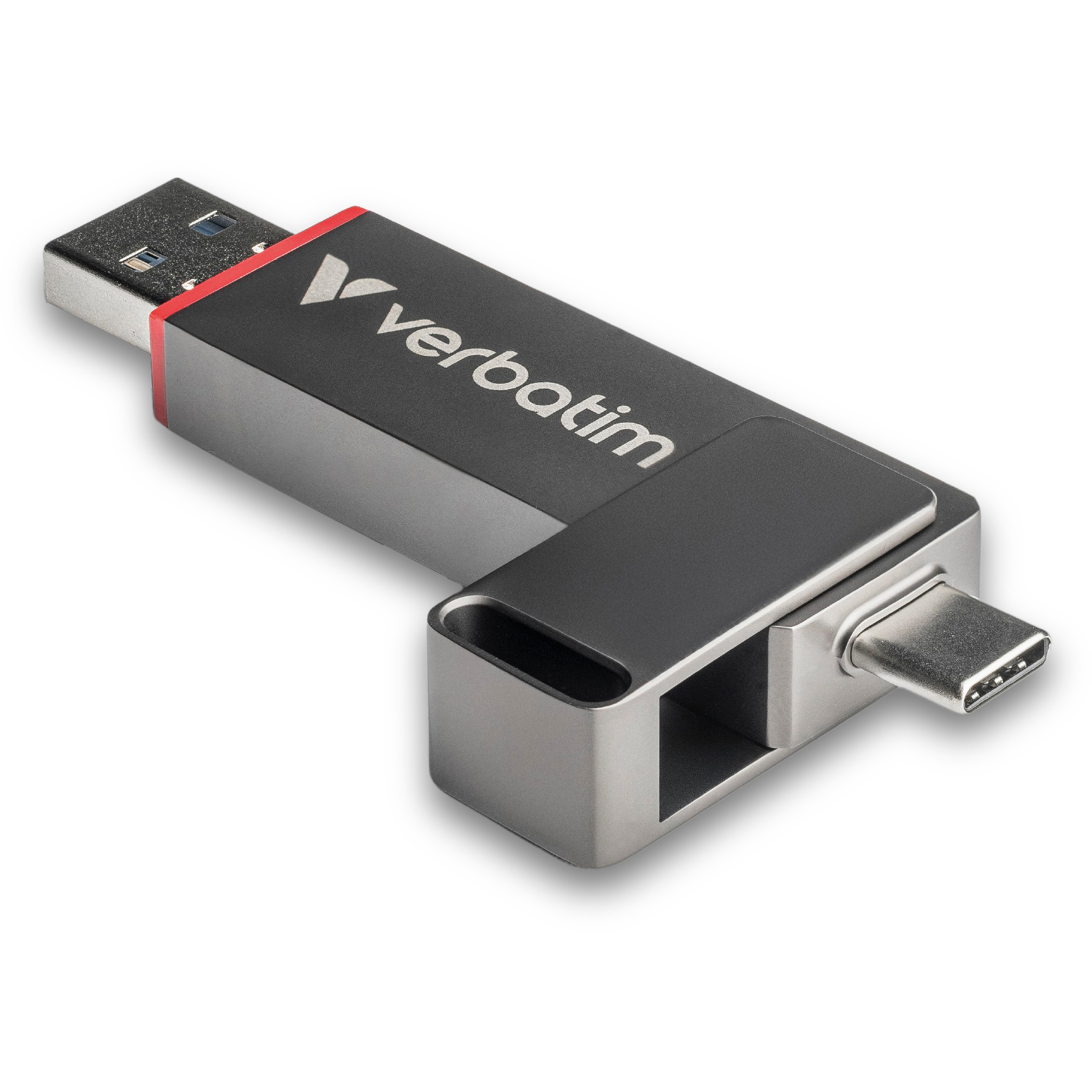 Silber-schwarzer Verbatim USB-Stick mit USB-A- und USB-C-Anschluss.
