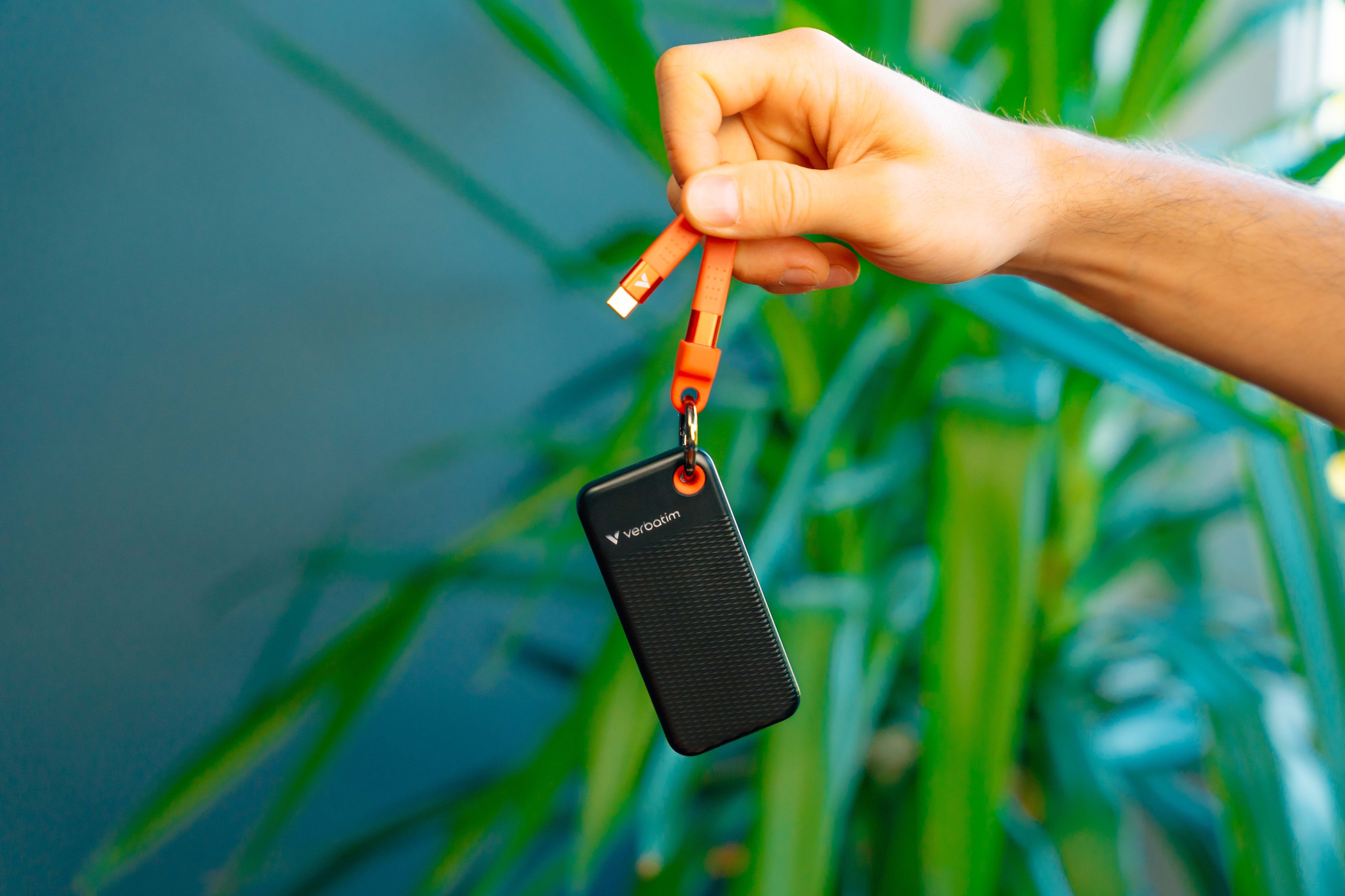 Hand hält einen schwarzen USB-Stick mit orangefarbenen Anschlüssen vor einem grünen Pflanzenhintergrund.