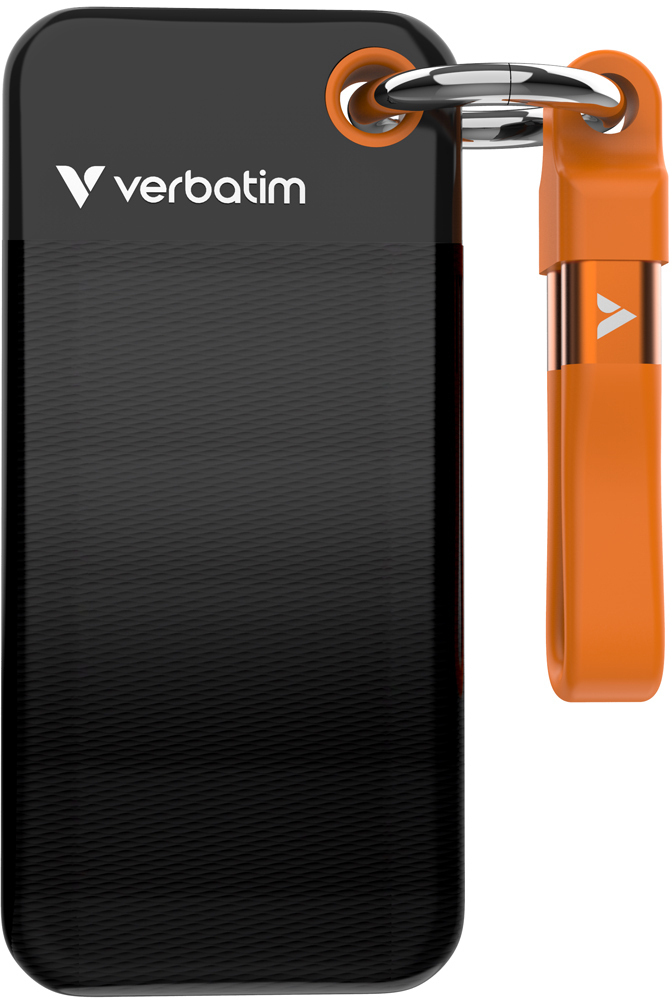 Schwarzer Verbatim USB-Stick mit orangefarbenen Akzenten, Schlüsselringbefestigung und Verbatim-Logo.