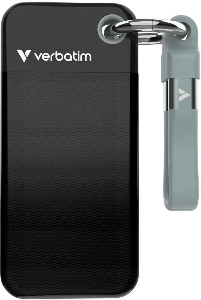 Schwarzer und grauer Verbatim USB-Stick mit angebrachtem grauem Loop.
