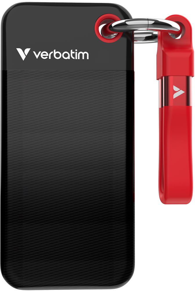 Schwarzer Verbatim USB-Stick mit rotem Clip. Weißes Verbatim-Logo auf dem Stick.