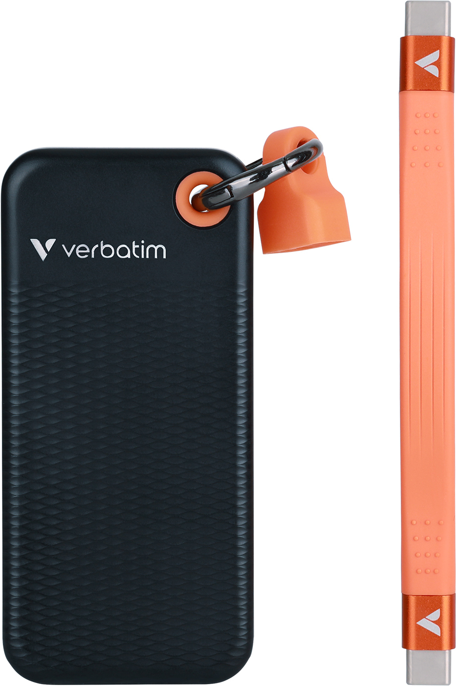Eine schwarze und orange externe Festplatte und ein Kabel.