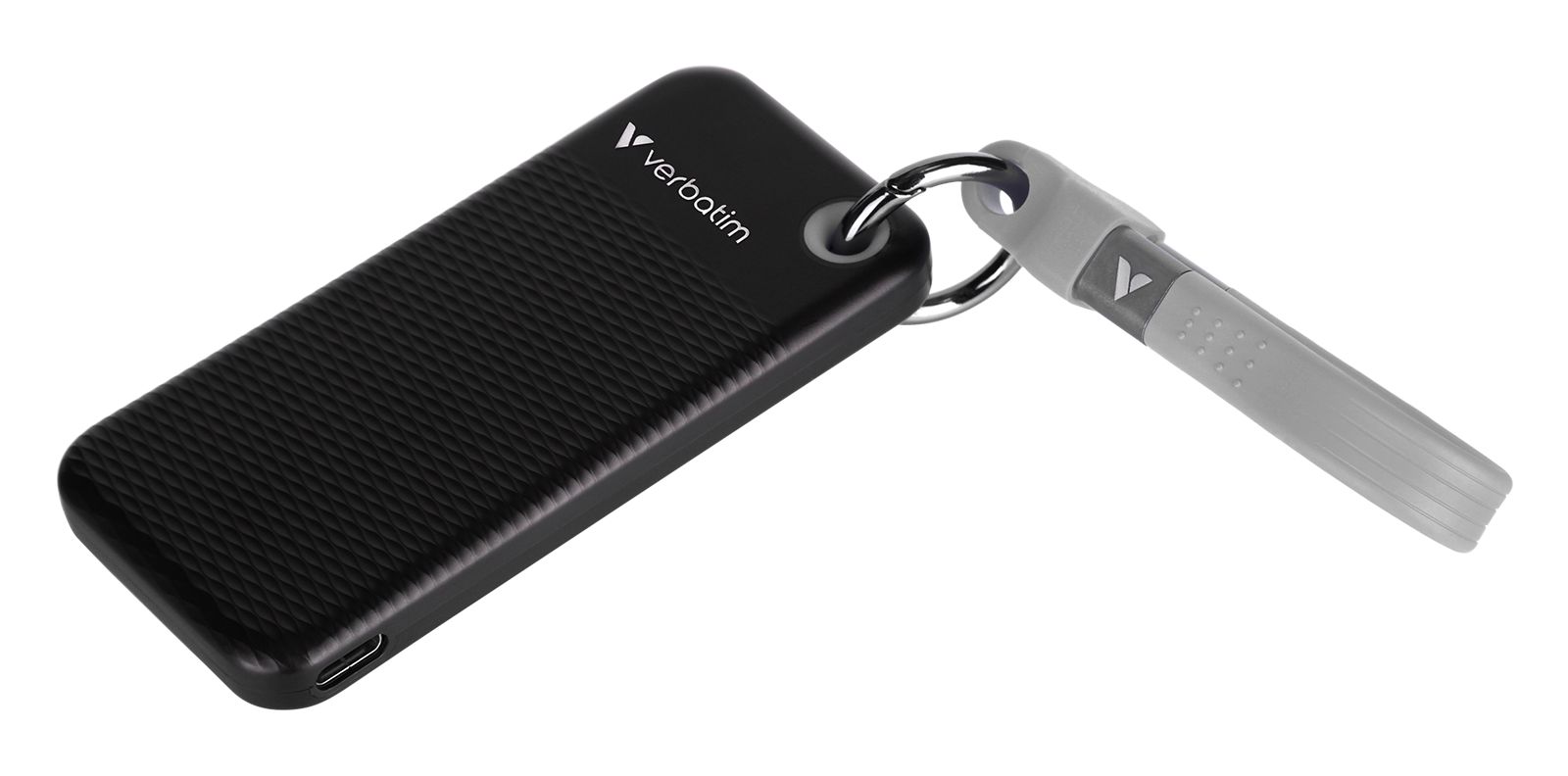 Czarny dysk zewnętrzny Verbatim i szara smycz, czarne tło.