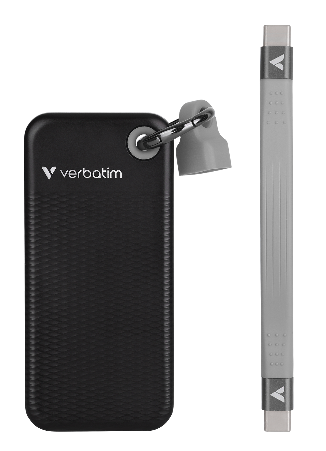 Czarno-szary pendrive Verbatim z mocowaniem na brelok i szarą wtyczką USB-C, na czarnym tle.