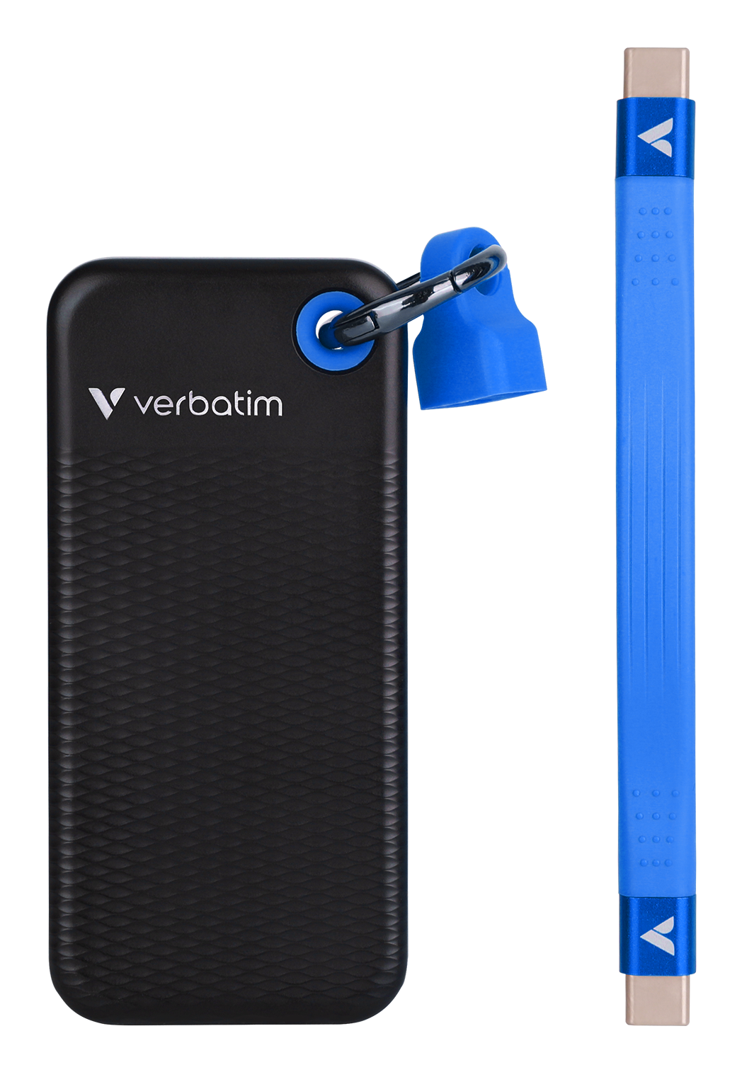 Czarny i niebieski dysk twardy Verbatim i niebieski pendrive.