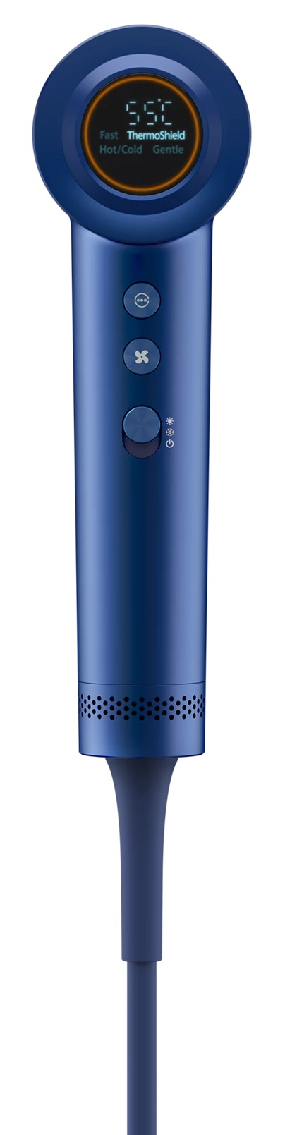 Niebieska suszarka do włosów z cyfrowym wyświetlaczem pokazującym temperaturę i ustawienia, z przyciskami i przewodem zasilającym.