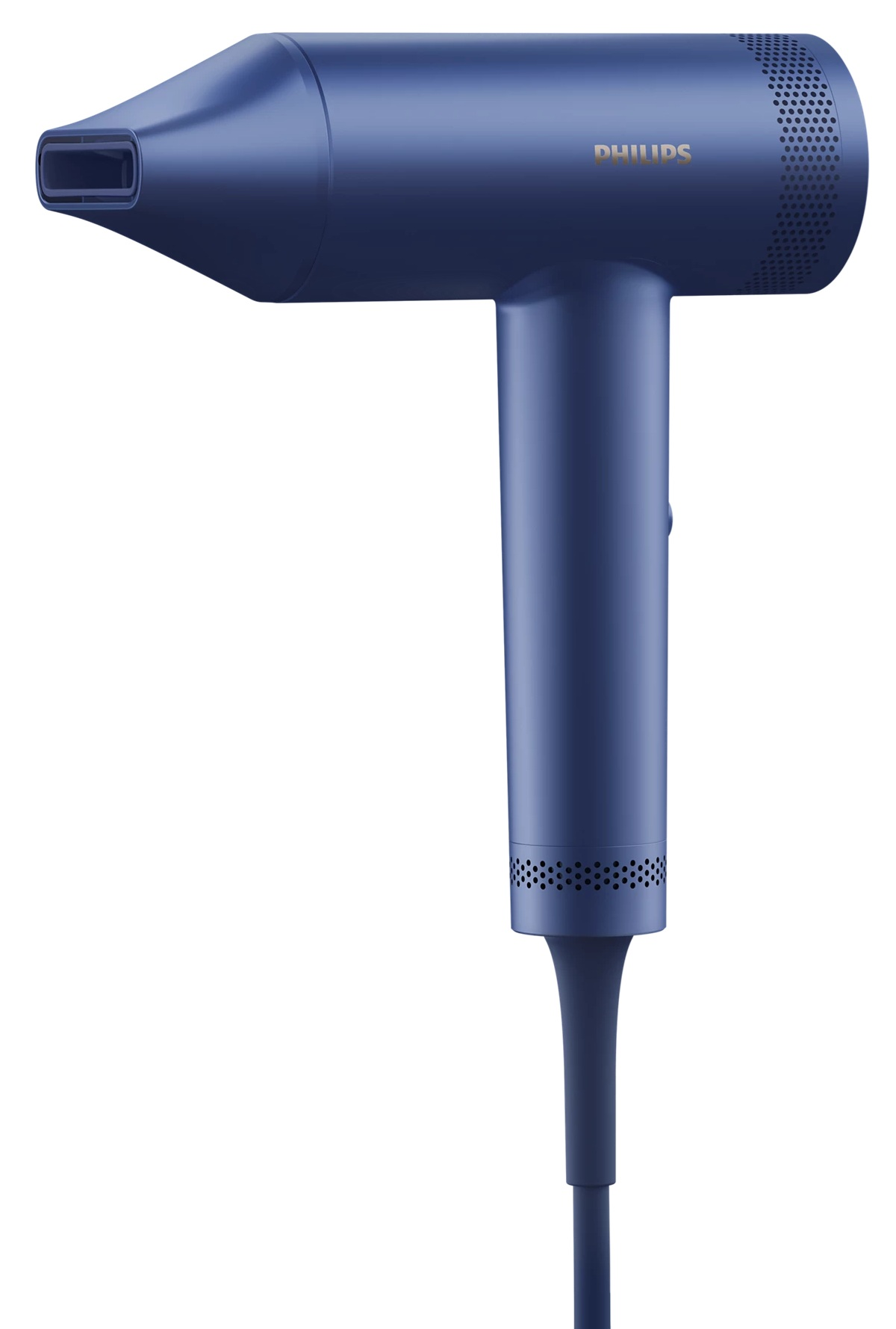 Niebieska suszarka do włosów Philips. Białe tło.