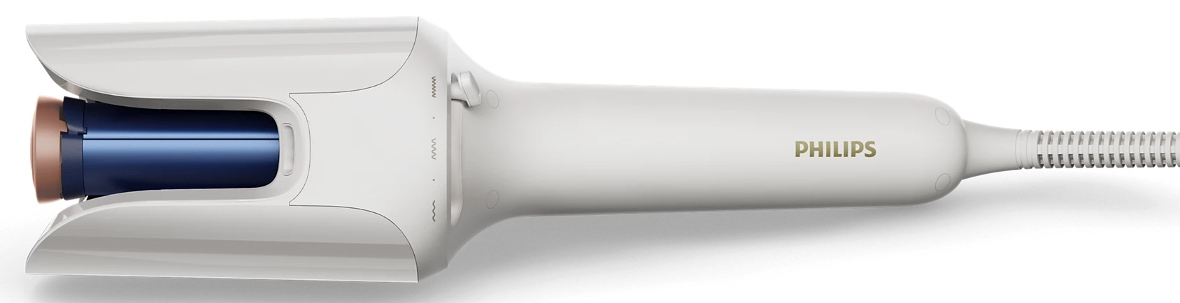 Biała i złota lokówka Philips na białym tle.