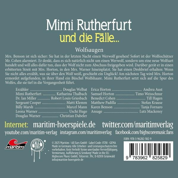 Buchcover. Text auf Deutsch, Titel "Mimi Rutherfurt und die Fälle..." mit Autorennamen.