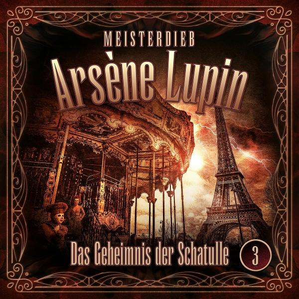 Arsène Lupin Buchcover. Karussell und Eiffelturm. Braunes Thema mit Text. Dunkler Hintergrund.