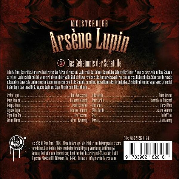 Buchcover mit dem Titel "Arsène Lupin". Text und ein Bild einer goldenen Box. Weißer Hintergrund.
