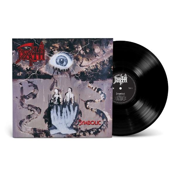 Albumcover: Schwarze Schallplatte und Albumcover mit surrealen Kunstwerken eines Auges, einer Hand und Figuren.
