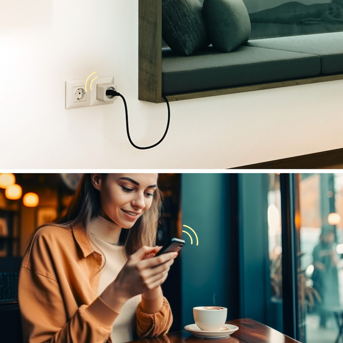 Frau, die einen Smart Plug einsteckt, eine andere benutzt ein Telefon in der Nähe von Kaffee.