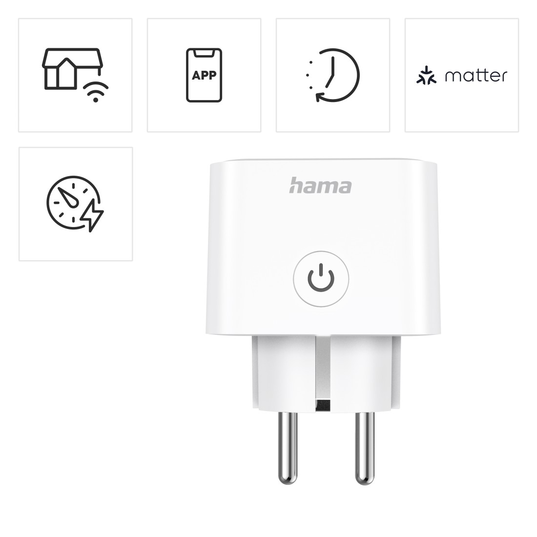 Weißer Smart-Stecker mit Ein/Aus-Taste und Stiften. Oben befinden sich mehrere Symbole.