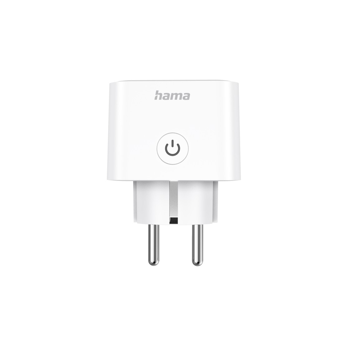 Weißer Hama Smart Plug, Vorderansicht. Hat einen Power-Knopf. Weißer Hintergrund.