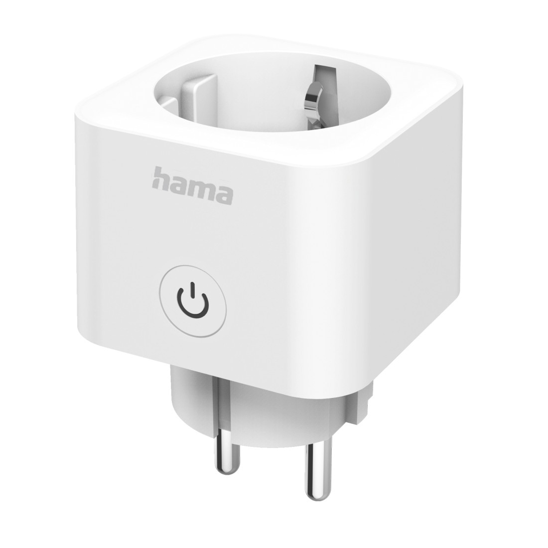 Weißer Smart-Stecker mit Ein-/Aus-Taste auf weißem Hintergrund.