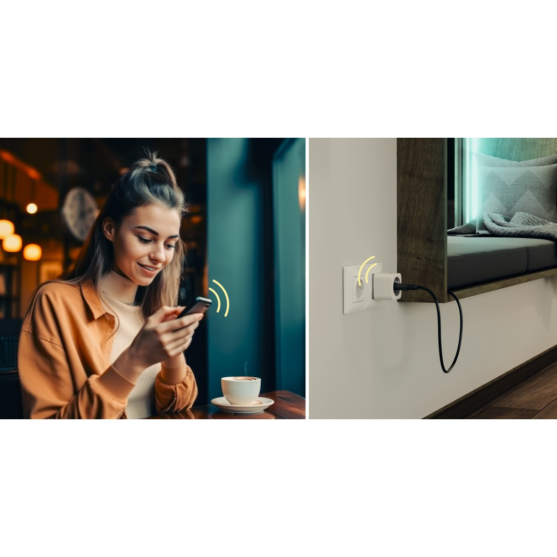 Frau benutzt Telefon, ein Smart Plug an der Wand, mit Schallwellen, die die Verbindung zum Telefon zeigen.