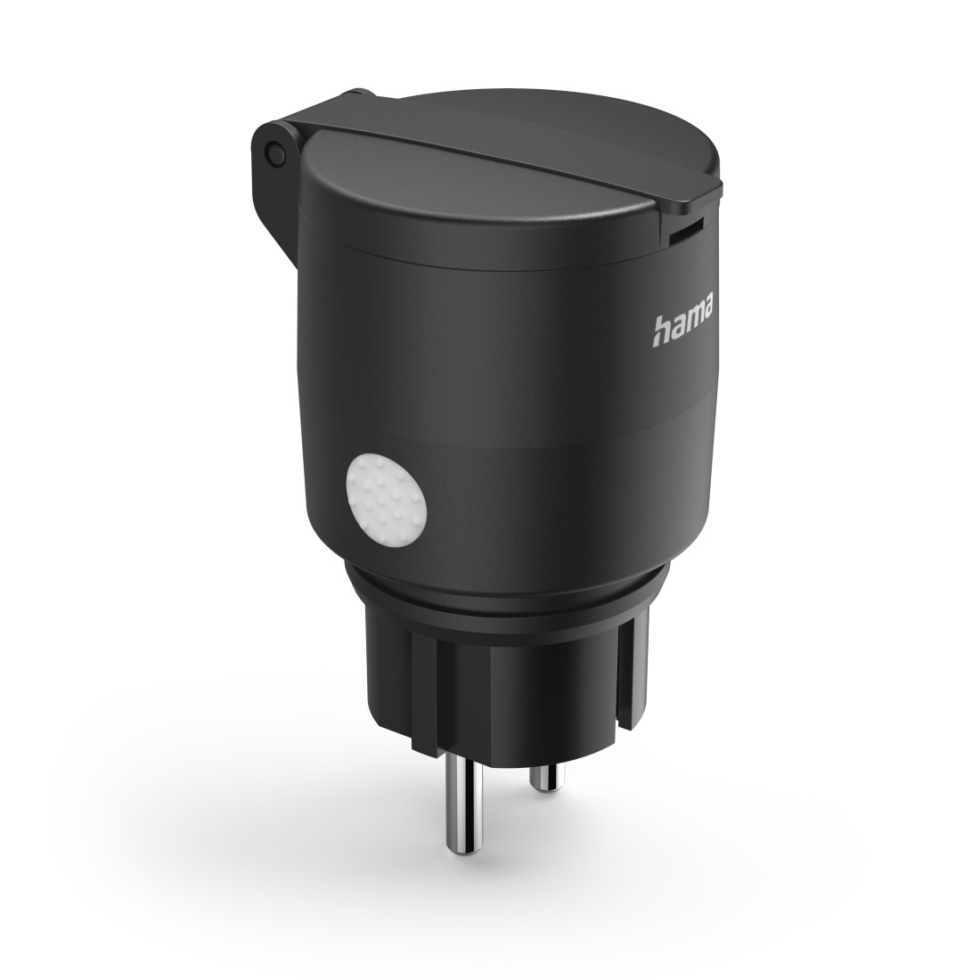 Schwarzer Hama Smart Plug Adapter mit weißem Knopf und schwarzer Abdeckung.