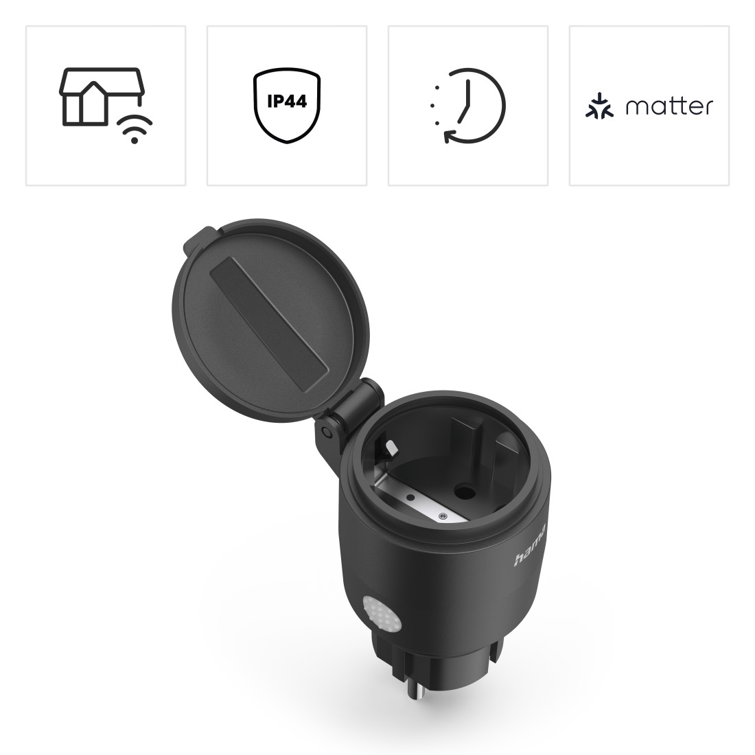 Ein schwarzer Smart Plug mit offenem Deckel, umgeben von Symbolen, vor weißem Hintergrund.