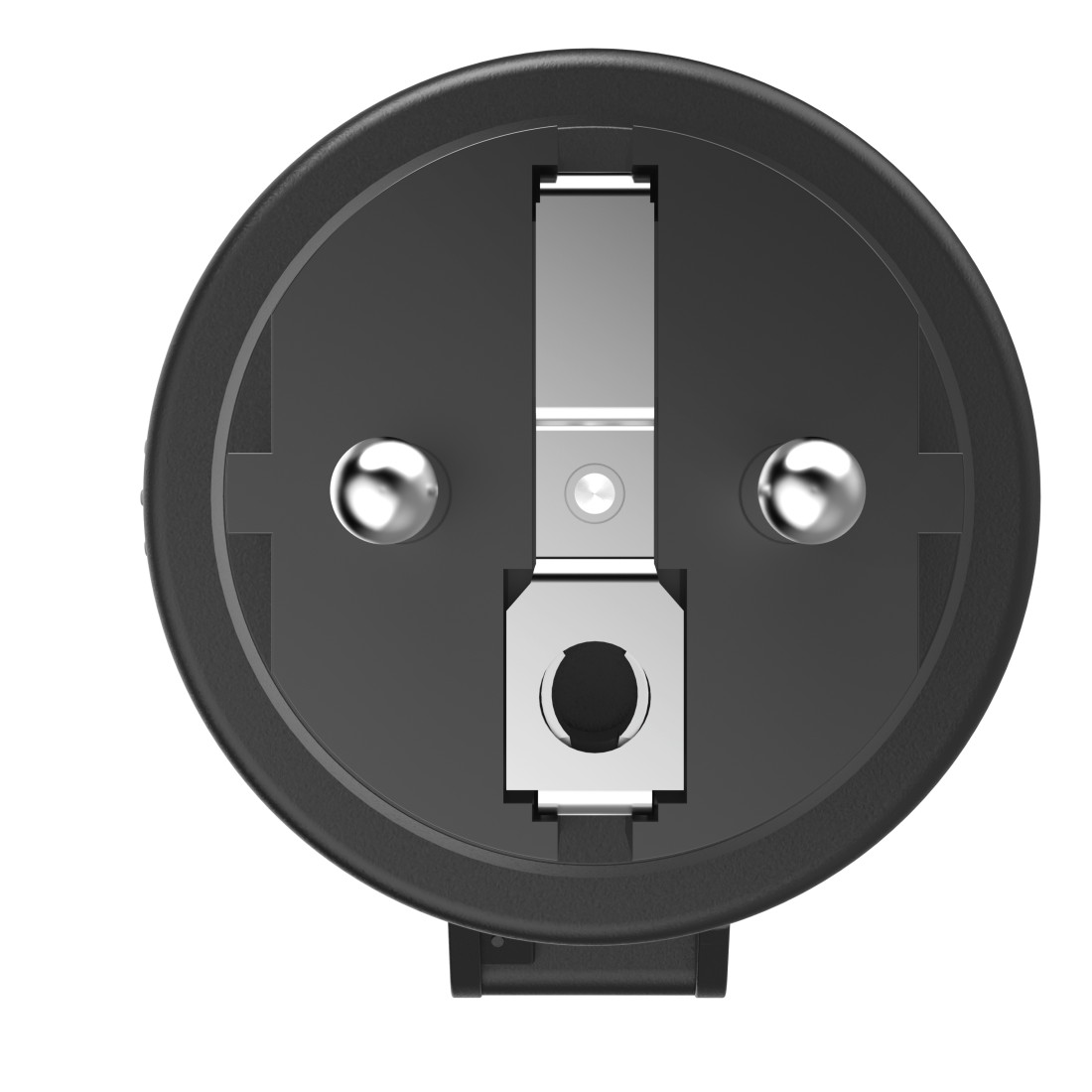 Nahaufnahme eines schwarzen Netzsteckers. Er hat zwei Metallstifte und einen Erdungskontakt.