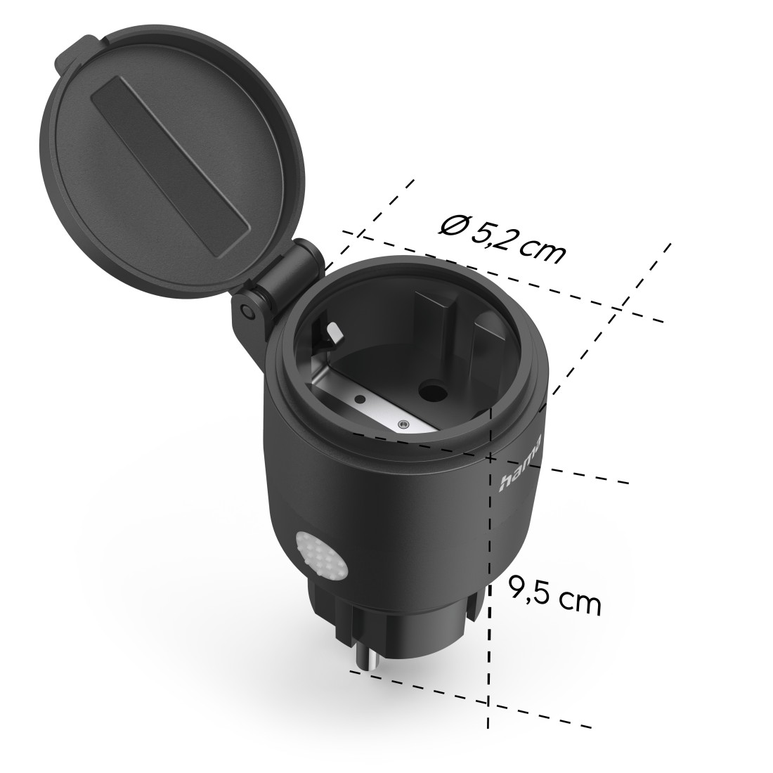 Schwarzer elektrischer Stecker mit offenem Deckel und Abmessungen.