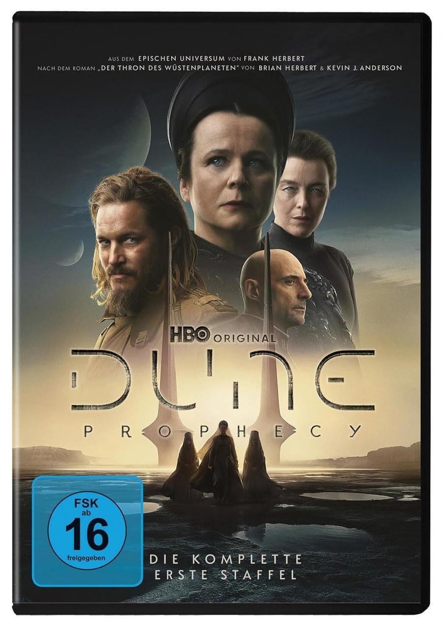 DVD-Box-Set von Dune: Prophecy. Mit mehreren Schauspielern und schwarzem Gehäuse mit Text.