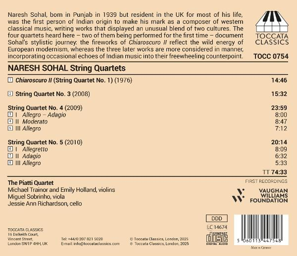 Rückseite einer CD mit Text über Naresh Sohals Streichquartette.