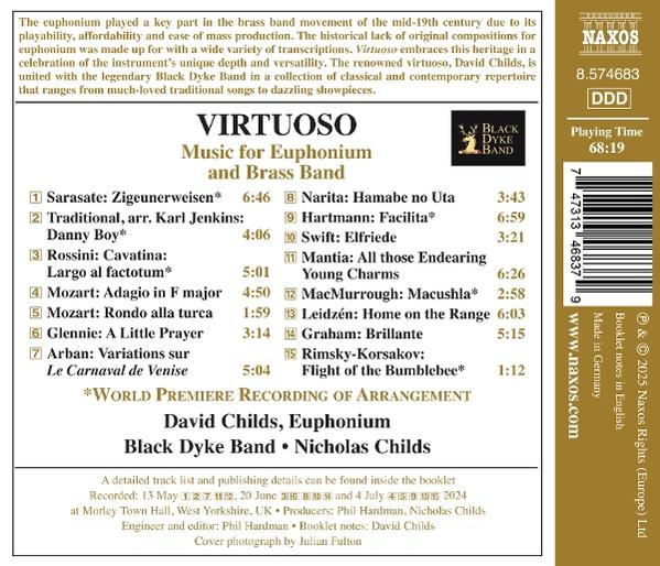 Rückseite eines CD-Covers: Virtuose Musik für Euphonium und Blechbläser, Titelliste, Credits und Logo.