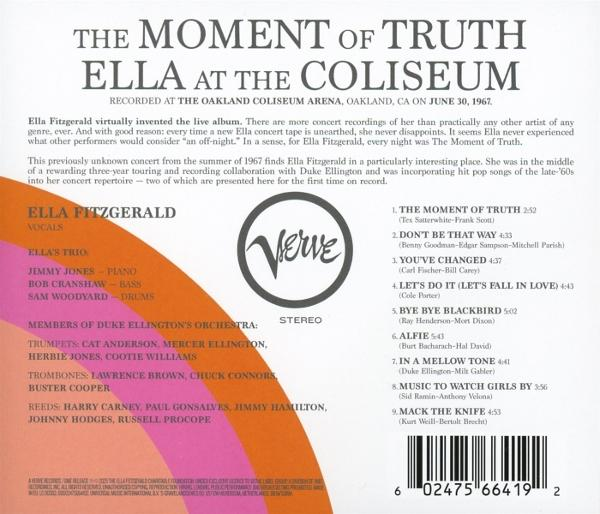 Albumcover von The Moment of Truth mit Ella Fitzgerald im Coliseum. Enthält Text, Logos und einen Barcode.