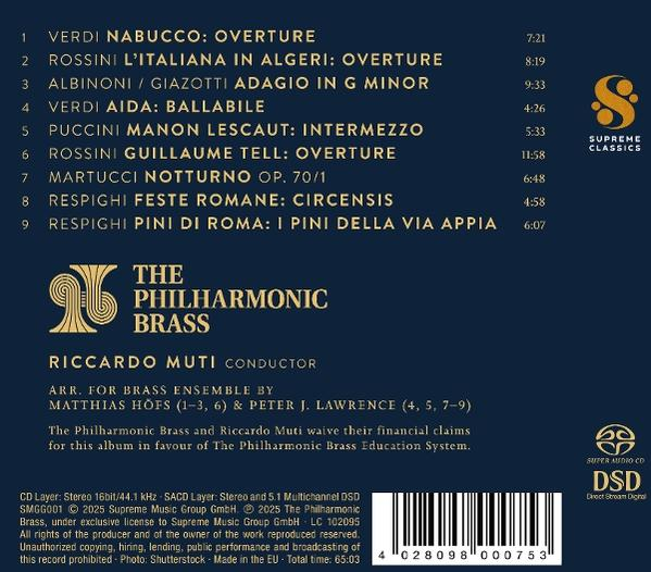 Rückseite einer CD, Auflistung der Musiktitel, Credits und Logo von The Philharmonic Brass.