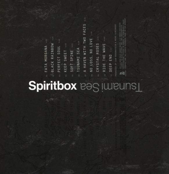 Ein schwarz-weißes Albumcover mit dem Bandnamen 'Spiritbox' und einer Liste von Songs, einschließlich 'Tsunami Sea'.