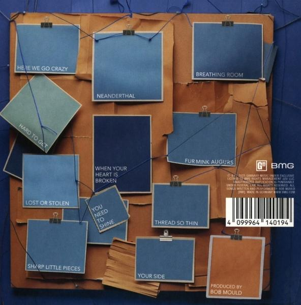 Albumcover mit Haftnotizen von Songtiteln auf blauem Hintergrund.