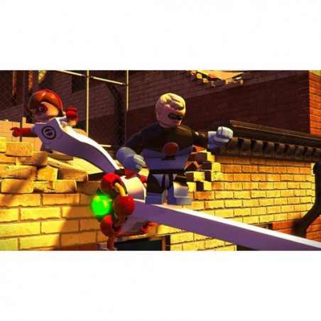 Personajes Lego en un vehículo de ciencia ficción, fondo de pared de ladrillos.