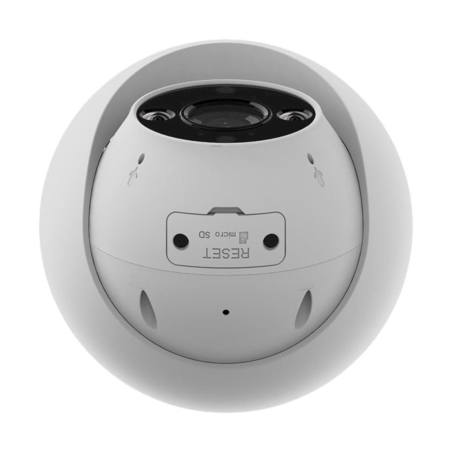 Una telecamera di sicurezza bianca con pulsante di ripristino e slot micro SD, su sfondo bianco.