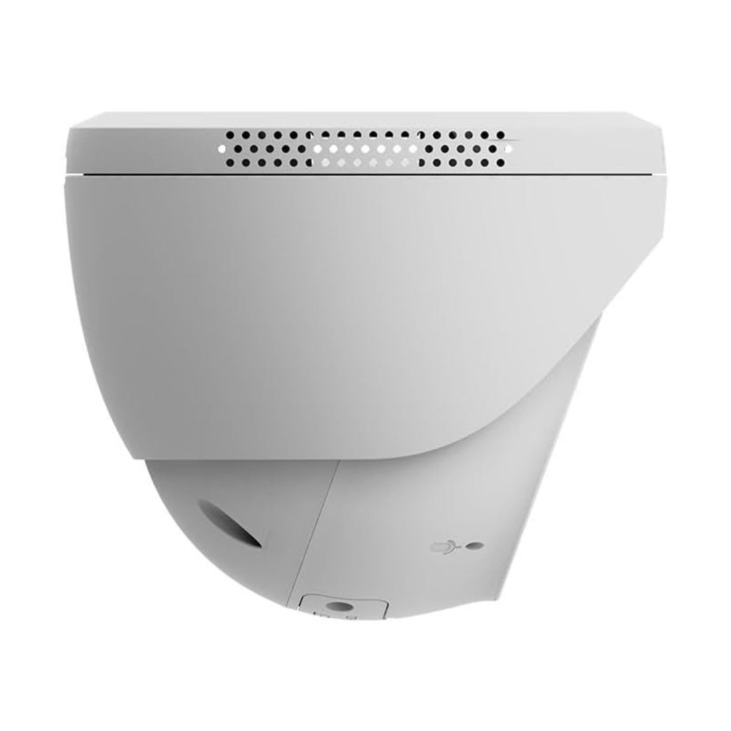 Una telecamera di sicurezza bianca con un design curvo.