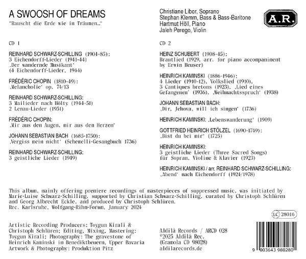 Rückseite eines Musikalbums. Text mit Musikstücken und Interpreten. Weißer Hintergrund, Text in Schwarz.