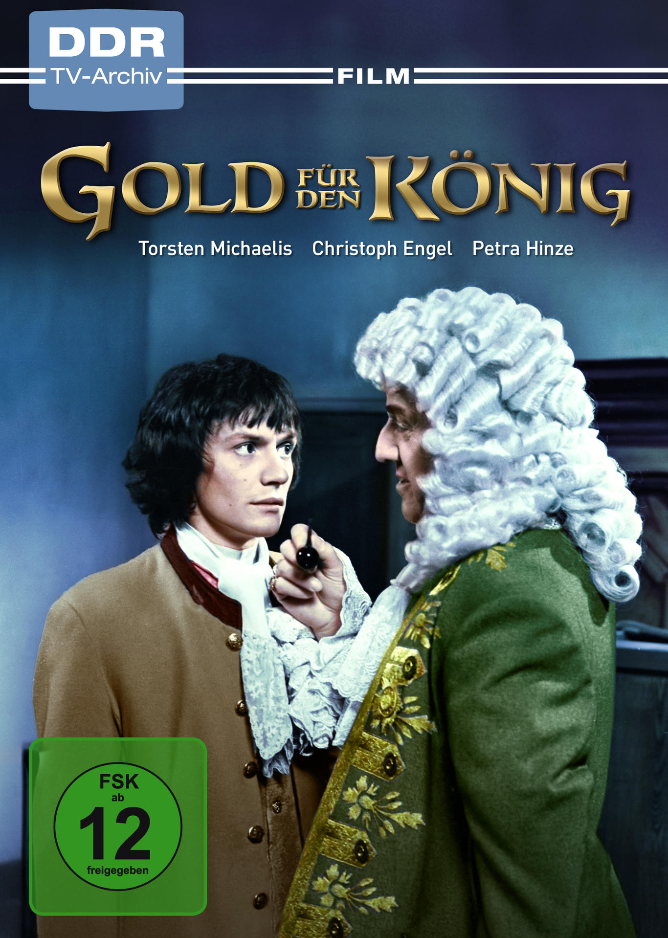 Filmplakat von 'Gold für den König'. Zwei Männer in historischer Kleidung schauen sich an.