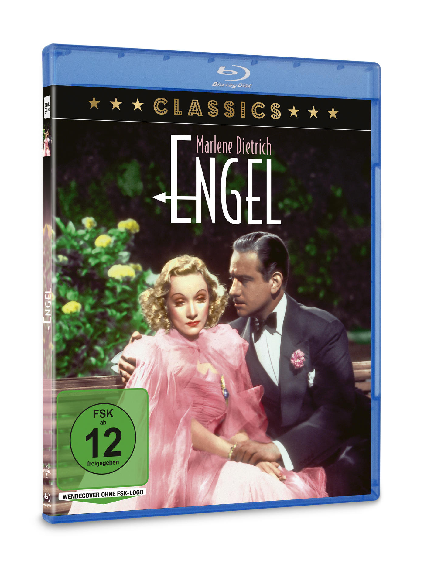 Eine Blu-ray-Hülle mit einem Filmcover mit Marlene Dietrich und einem Mann in einer Außenkulisse.