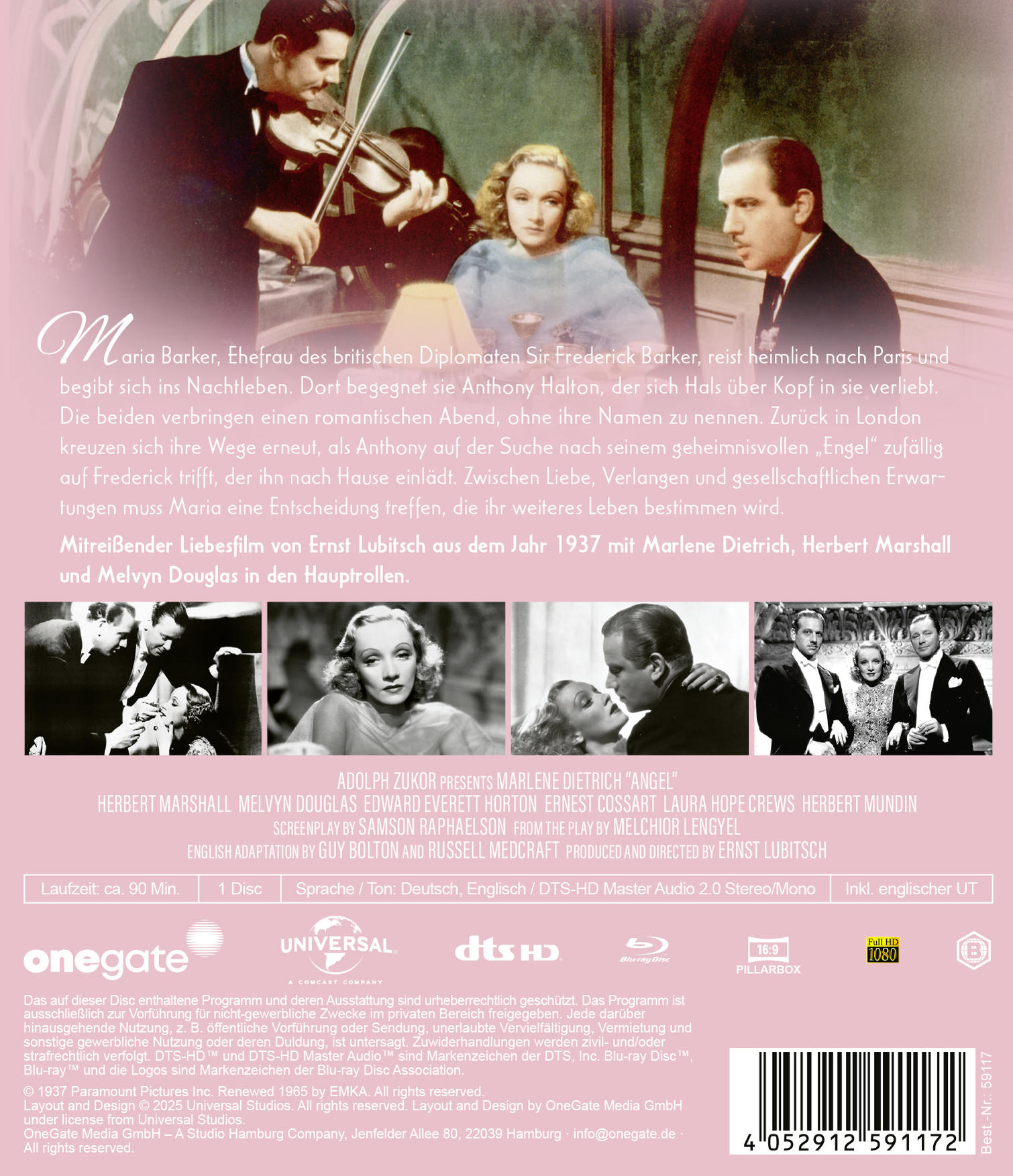 Die Rückseite einer Blu-ray-Hülle mit Fotos und Text zum Film 'Engel'.