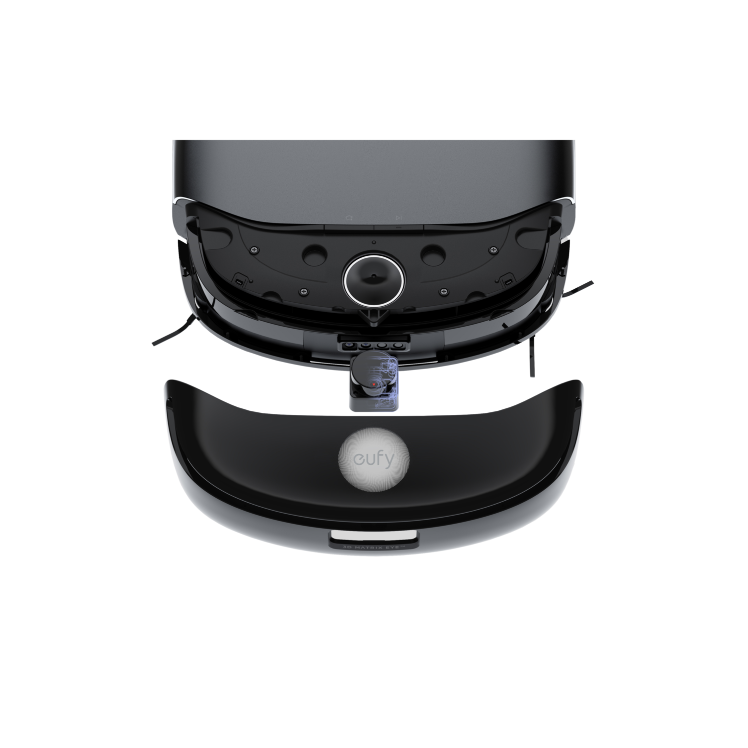 Aspirateur robot avec un bac à poussière détaché.