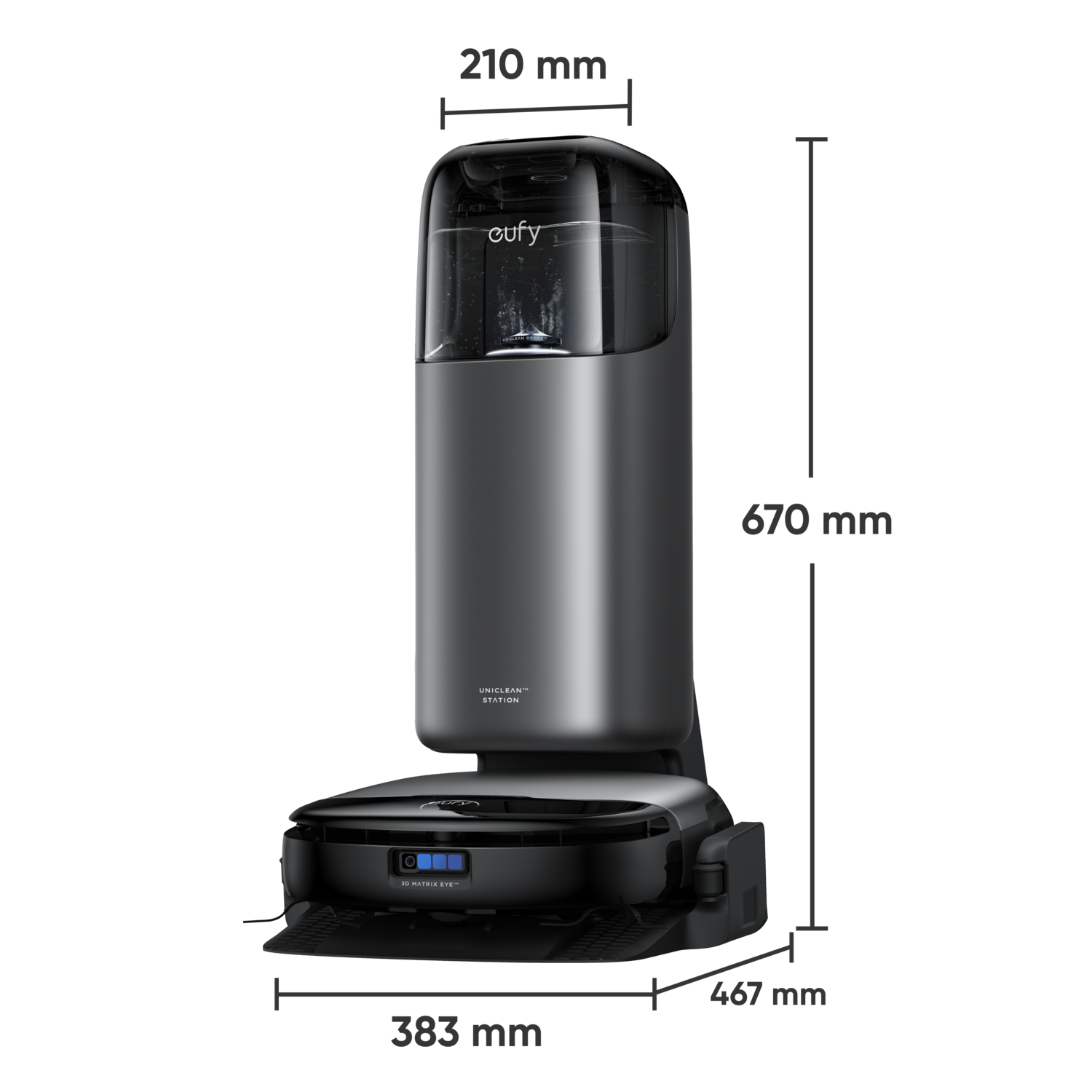 Un aspirateur robot noir et gris avec dimensions sur fond blanc.