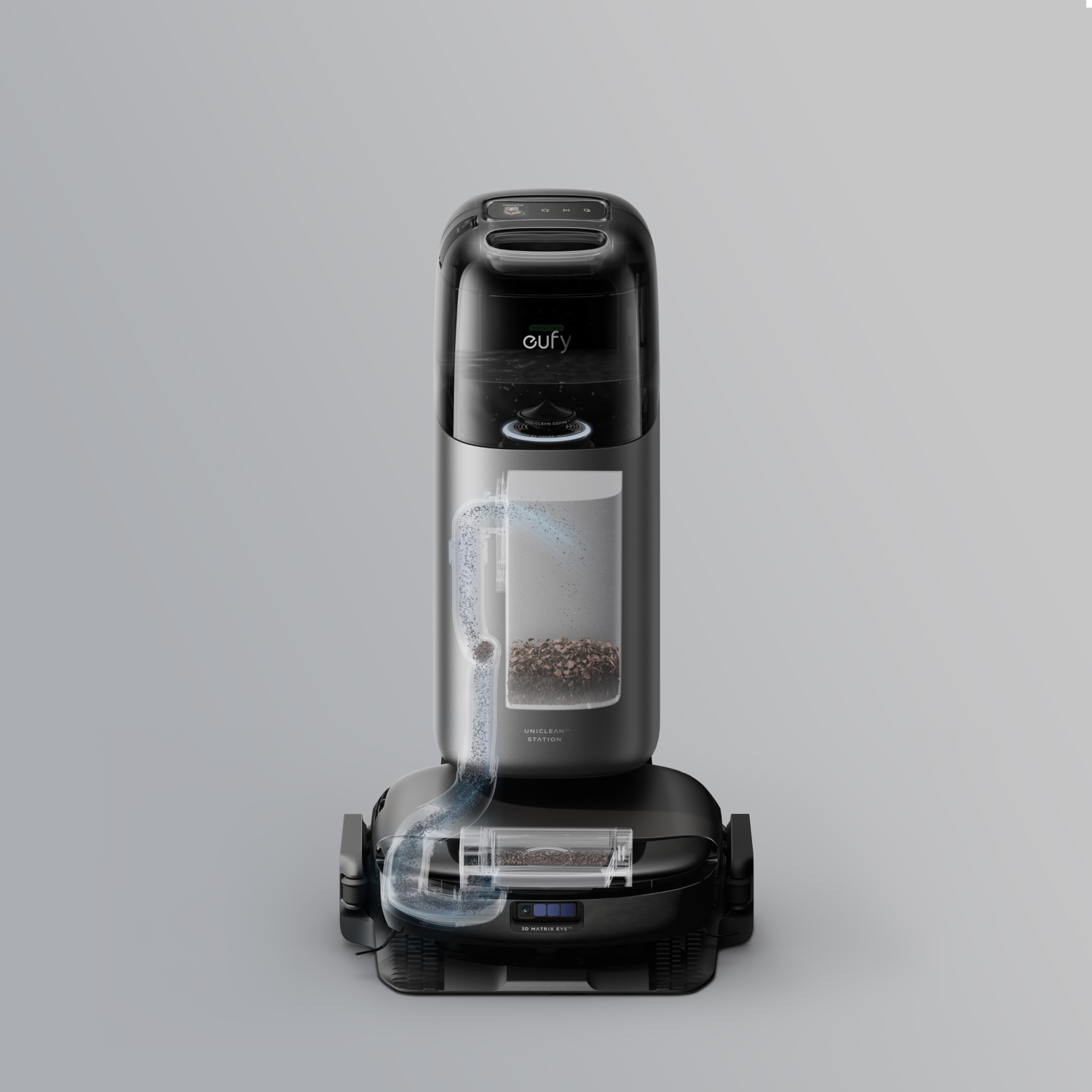 Un aspirateur robot. L'image montre les parties internes et un chemin clair pour le nettoyage.